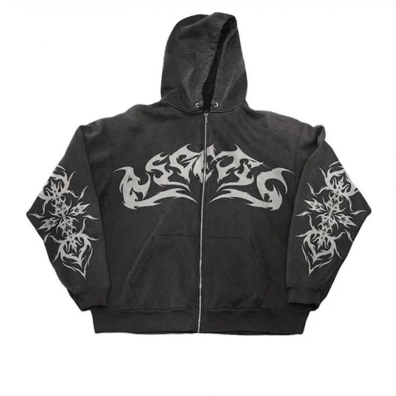 Street Gothic Y2K Flame Print Hoodie Loose Zip Up Sweatshirt Men Women Casual Sportswear