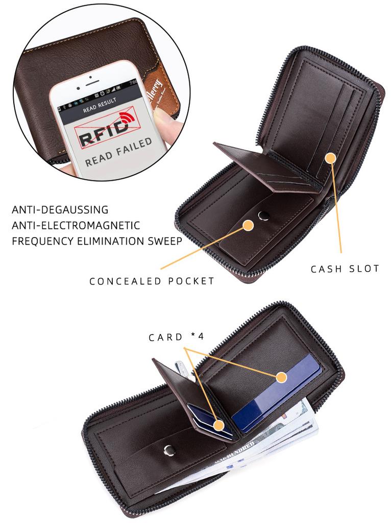 Baellerry Men's Color-blocking RFID Short Wallet Vintage Fashion Billfold Patchwork Horizontal Card Holder Zipper Coin Purse
