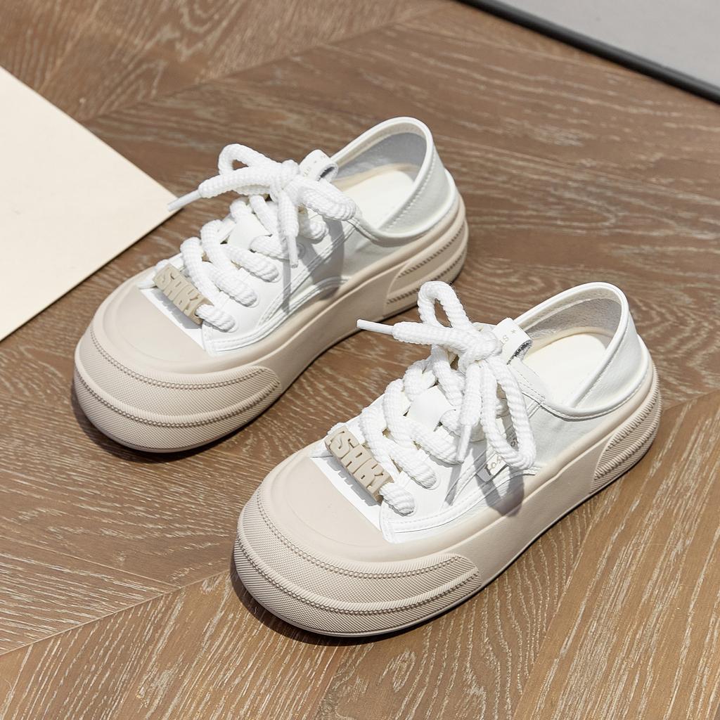 Leather Little White Shoes Women's Spring New Big Head Bread Shoes Versatile Thick Sole Height-increasing Sports and Leisure Board Shoes