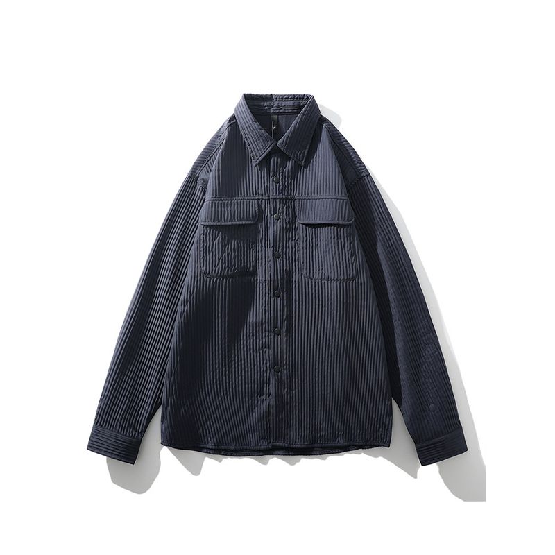 American vintage Pleat Vertical Stripes Lightweight Cargo Shirts Men's Spring/Summer Lapel Outerwear Foreign Trade Men's Casual Shirt