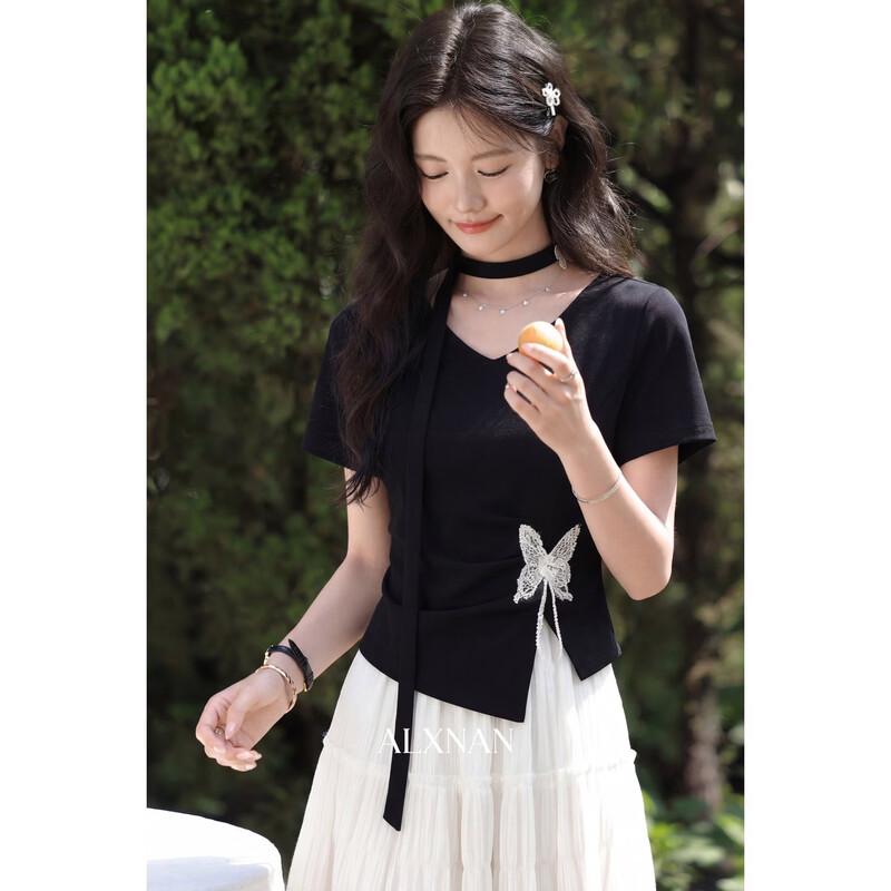 

Women s Irregular V-Neck Black T-Shirt with Bowknot