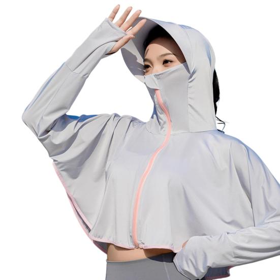 Women Sunscreen Coat Zipper Opening Hooded Face Nack Protection Ice Silk Anti-UV Loose Thin Soft Breathable