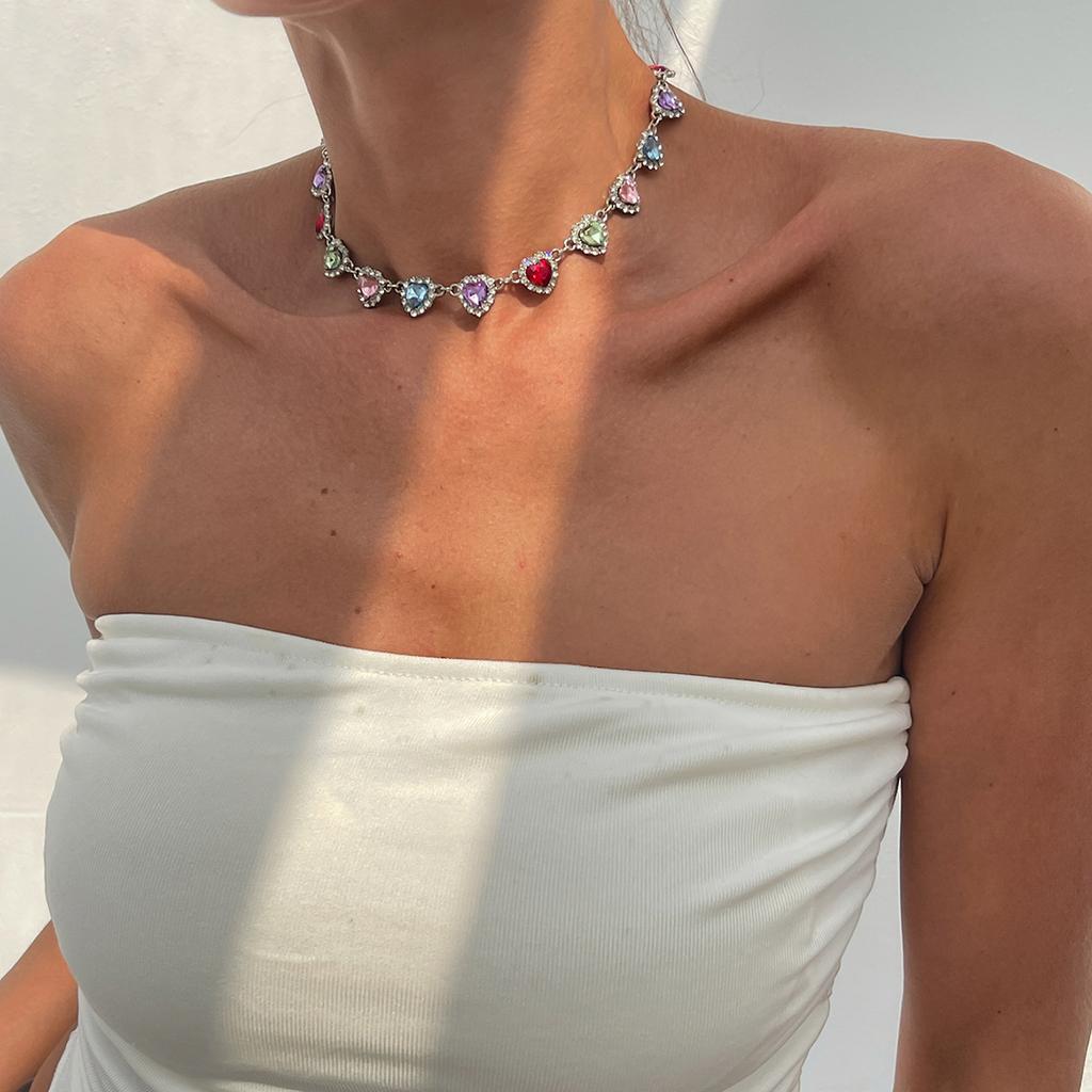 Light Luxury Style Diamond-Set Love Collarbone Necklace Female, Fashionable Dopamine Color Neck Chain Choker