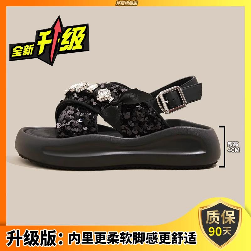 Platform sandals women's shoes 2025 summer new open-toe cross one-word buckle new Chinese sequined Roman beach shoes