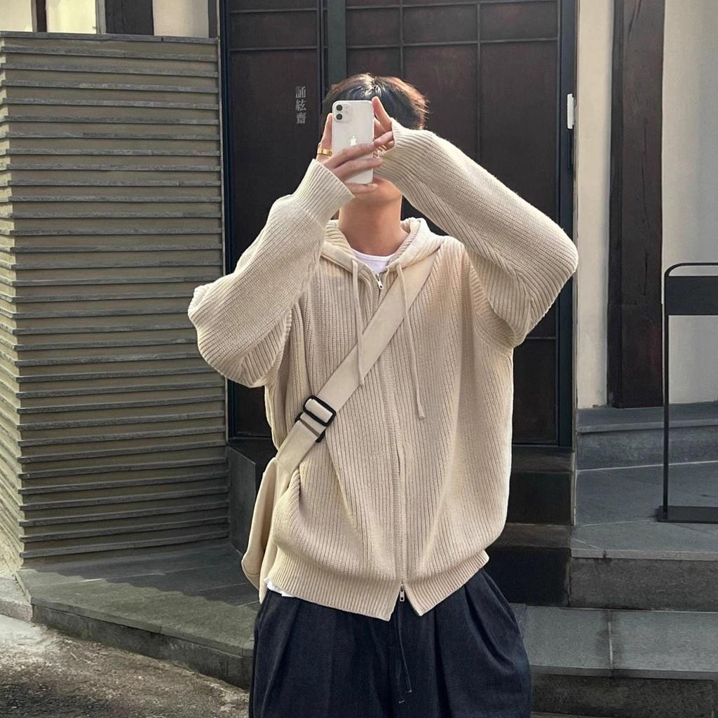 Men's 2024 Korean Style Double Zipper Hooded Knit Cardigan - Autumn/Winter Versatile Trendy Couple Style Sweater