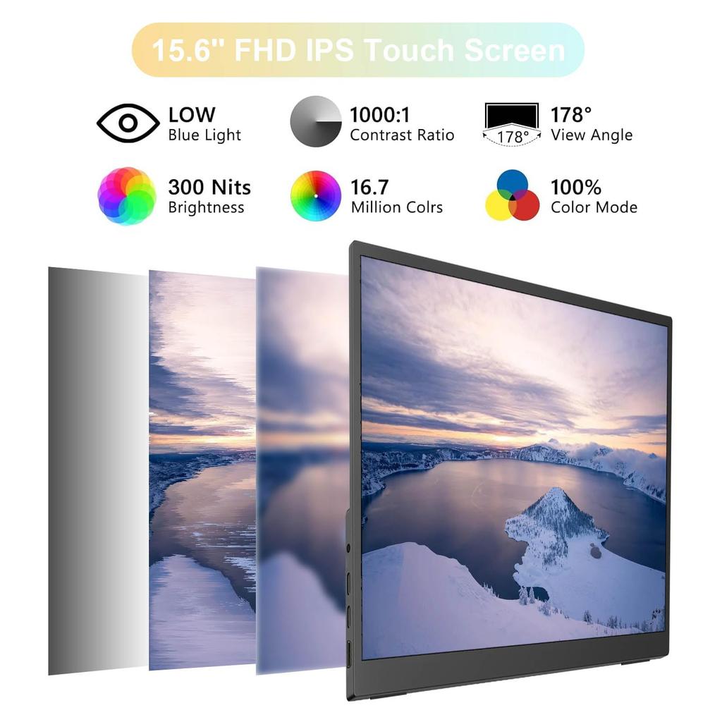 IPS Touchscreen Mobile sRGB Wide Color 300nits High Compatible with and More 15.6-inch Monitor, 19201080 Resolution, Lightweight, Slim, 169 Ratio,