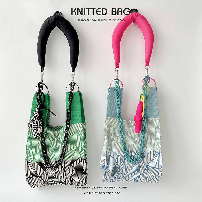 Trendy Knit Vest Handbag, Contrasting Colors, Large Capacity Tote