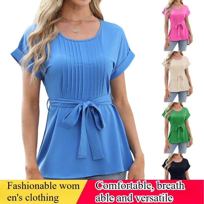 European and American Fashion Spring and Summer Casual Shirt Ruffled Round Neck Women's Short-sleeved Top