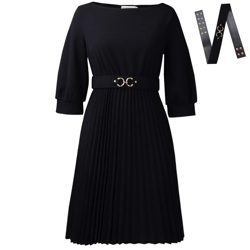 New Women's Clothing - Stylish and Elegant Round-neck, Three-quarter Sleeve Pleated Dress