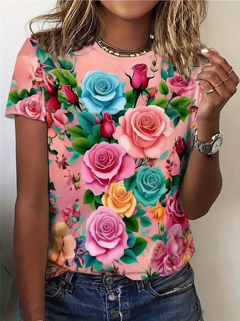 Women's T Shirt Casual Short Sleeve Flower 3d Print T-Shirt Summer Fashion Street Loose O-Neck Pullover Female Clothing