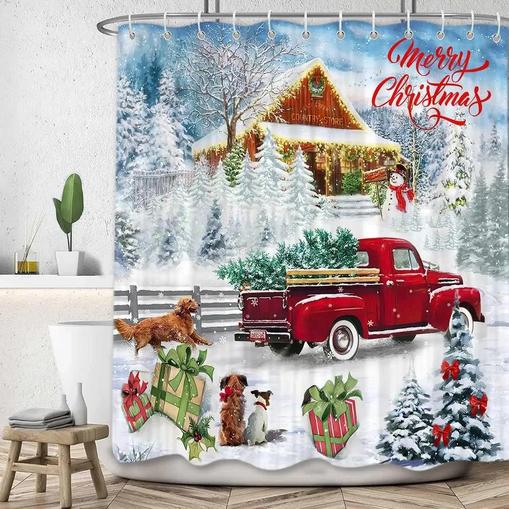 Theme Shower Truck Christmas Tree Gift Deer Red Bird Pinecone Snow Scene Baths Curtain Bathroom DecorXT6