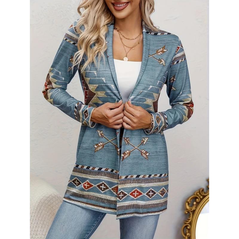Western Ethnic Print Open Front Cardigan, Casual Long Sleeve Loose Cardigan, Women'S Clothing