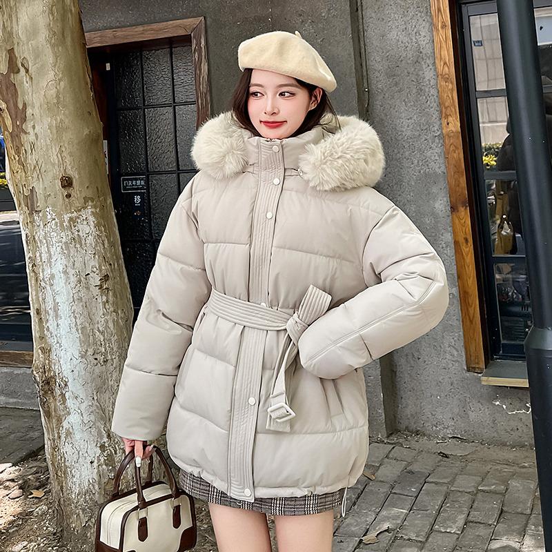 Women’s Short Big Fur Collar Hooded Windproof Thicken Warm Winter Jacket With Belt