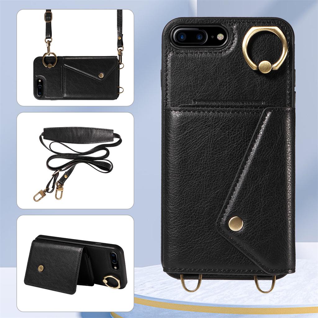 Per iPhone 6/6s/6Plus/7/8,7Plus/8Plus,iPhone SE (2020/2022) Tracolla Corda Anello Staffa Design Porta Carte Slot Copertura con Texture Litchi Custodia per Telefono