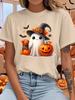 Cute Halloween Ghost Witch Hat Pumpkin Bat Spider Web Art Print Graphic Ladies T Shirt Short Sleeve Crew Neck Casual Tee Tops
