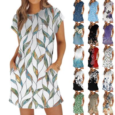 Damenmode Lässig Sommer Vintage Blumendruck Kurzarm Rundhals Lose Kleid Mit Taschen