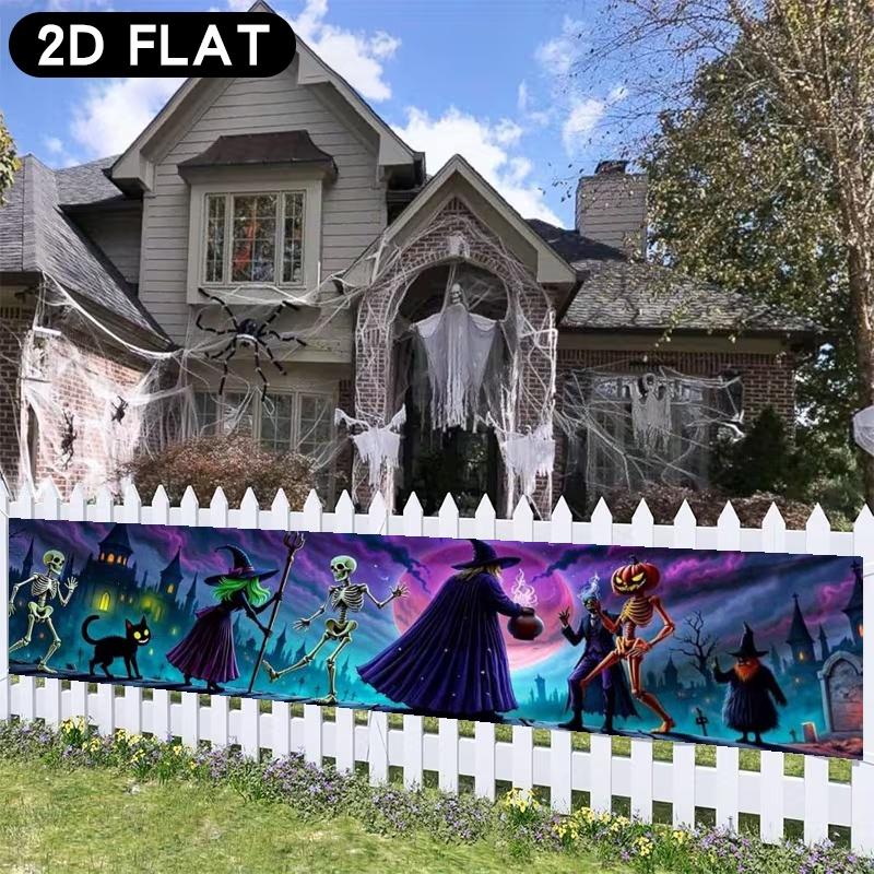 Halloween Fence Party Pennant, Witches Skulls Jack-O'-Lanterns Black Cats Gothic Design, Polyester Outdoor Garden Decoration