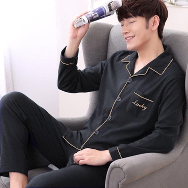 Men's 100% Cotton Pajama Set for Spring & Autumn: Long Sleeve, Long Pants, Versatile Outdoor Wear