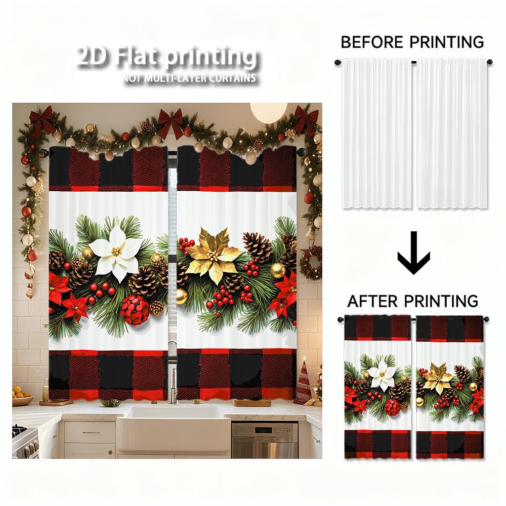 Piece Set High Definition Digital Printed Curtainschristmas Pine Branches Red Green Plaid Flower Decorhome Decoration Style Curtain Made Of Polyester
