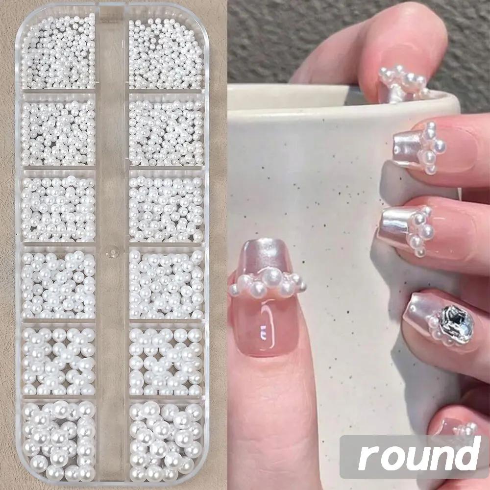 12grids Half Round Pearls Beads 3D Nail Charms 1.5/2/2.5/3/4/5mm White Flatback Pearls Nail Jewelry Nail Craft Pearl Rhinestones