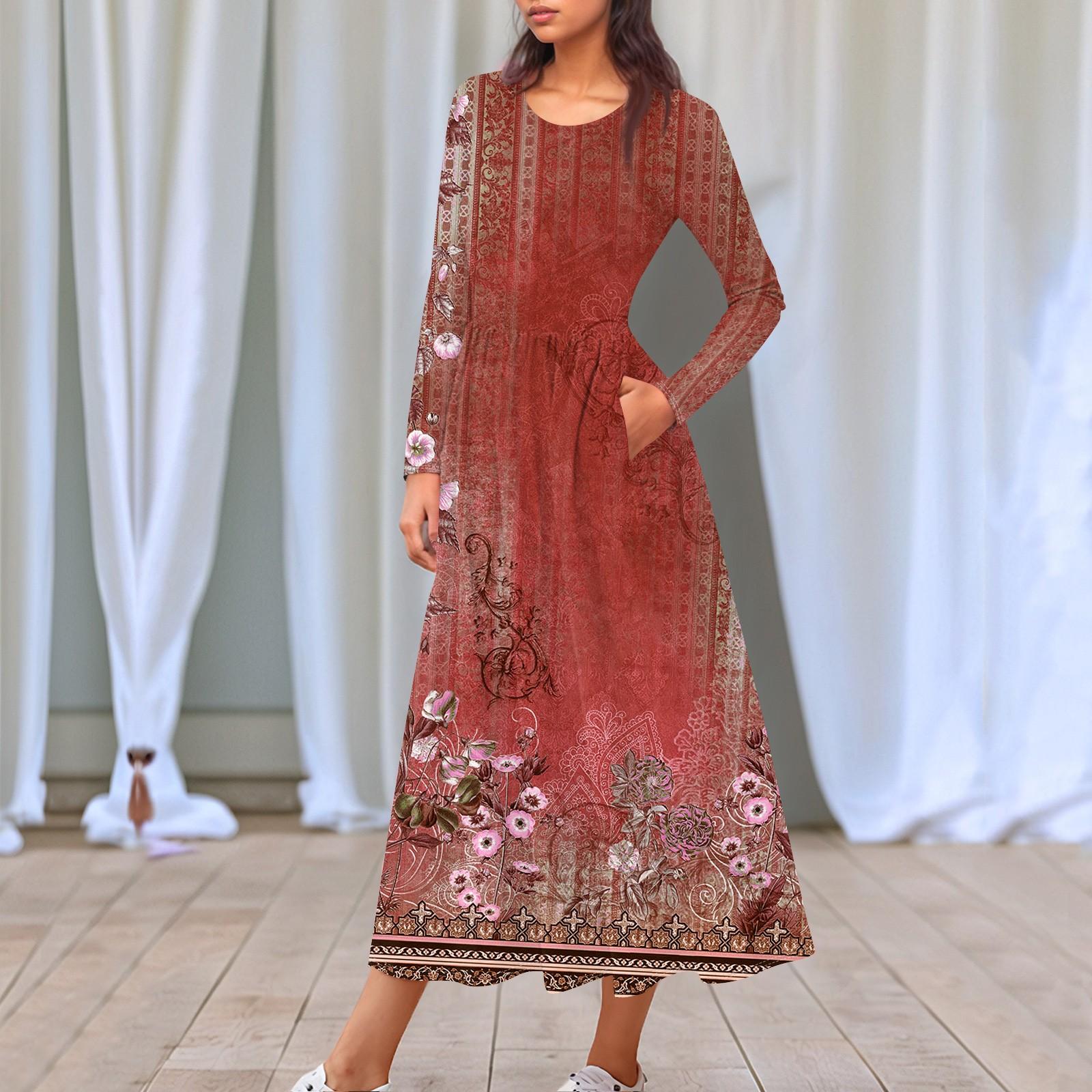 

Жіночі повсякденні модні вінтажні довгі сукні з довгим рукавом і принтом L червоний