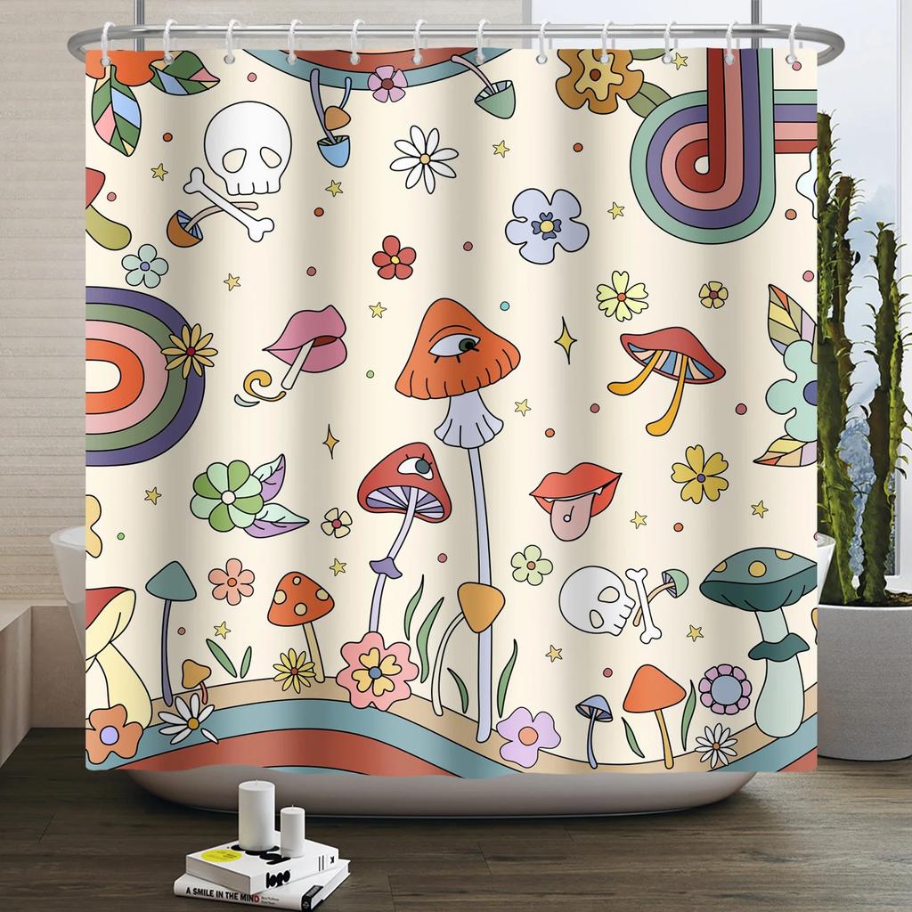 70s Retro Rainbow Shower Curtain Hippy Funky Cartoon Mushroom Floral Bathroom Curtain Polyester Waterproof Fabric Bathtub Screen