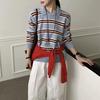 Women's Korean-Style Long-Sleeve Knit Sweater with Contrasting Stripes and Small Lapel - Versatile and Casual Pullover