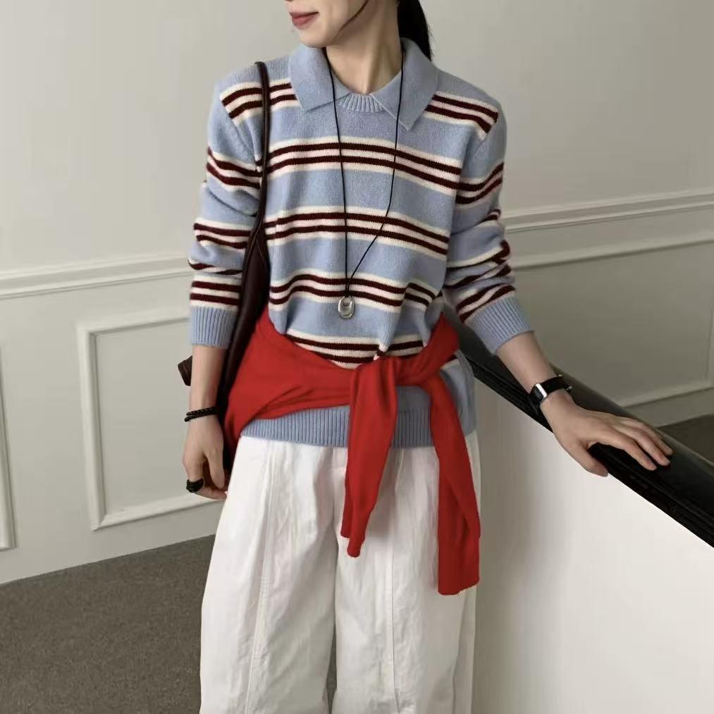 Women's Korean-Style Long-Sleeve Knit Sweater with Contrasting Stripes and Small Lapel - Versatile and Casual Pullover