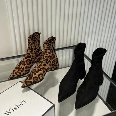 Moda 2024 Cerniere Moda Punta Affusolata Stivaletti da Donna con Scarpe Tacco Basso Calzature Stampa Leopardo Femminile Stivali Moderni Elasticizzati da Donna