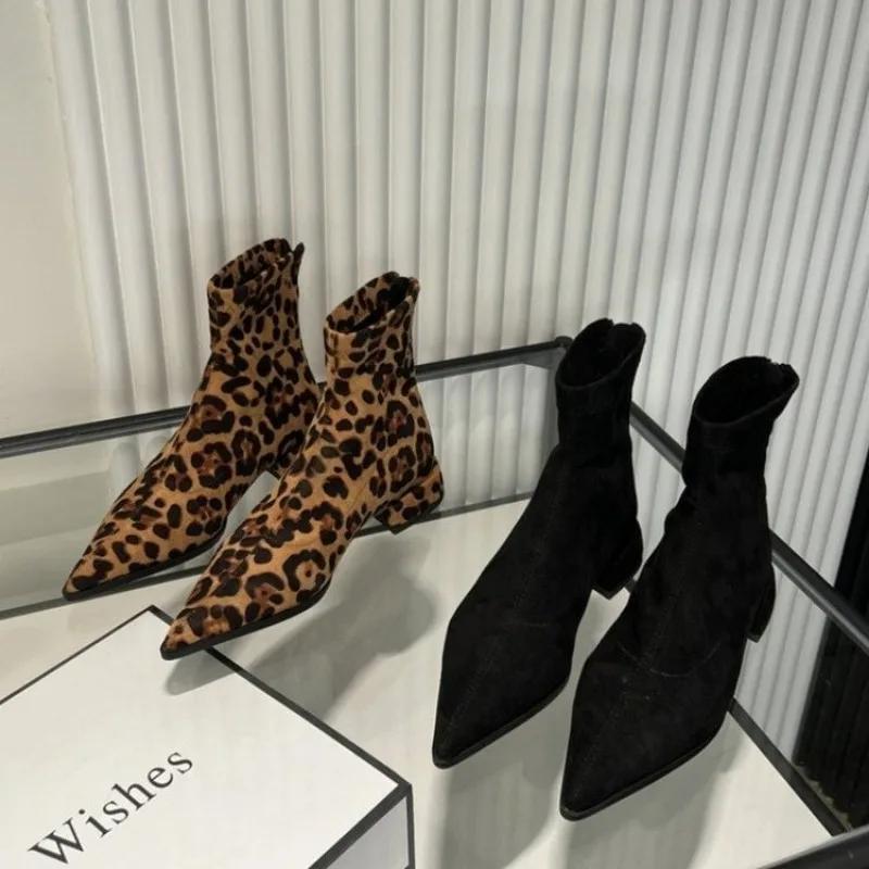 Fashion Women's Boots 2024 Autumn New Women's Leopard Print Boots Fashionable and Versatile Pointed Toe Short Boots Botas De Mujer