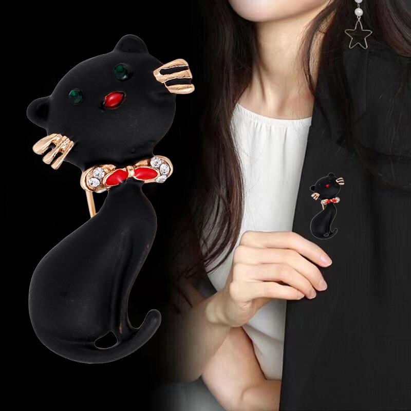 Unisex Black Cat Brooch with Rhinestones Enamel Animal Pin Perfect for Jackets and Coats