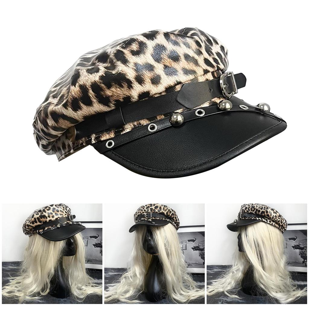 Leopards Print Studded Hat Buckles Trendy Hat Women Stylish Octagonal Hat for Trendy Women