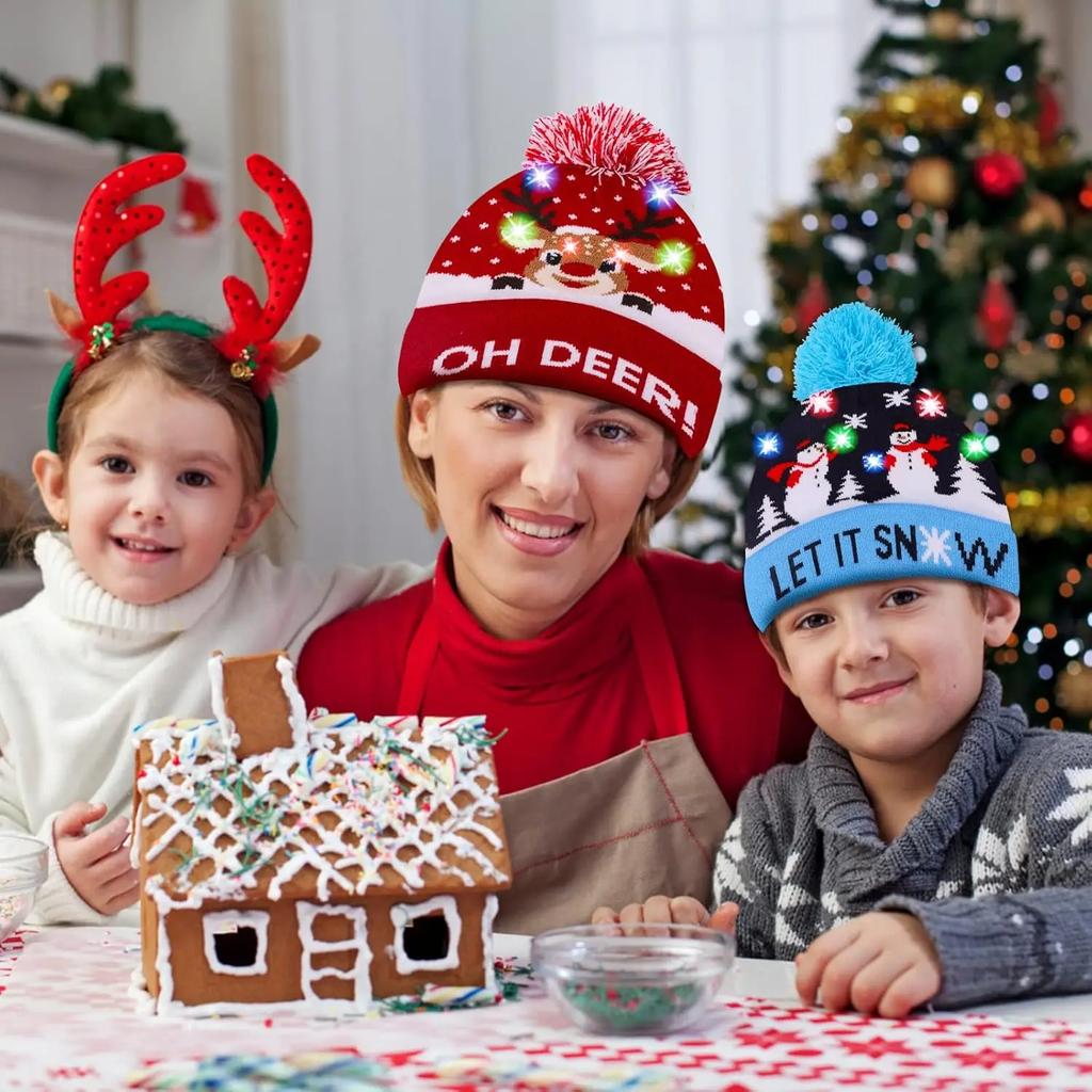 Flashing LED Christmas Beanie Knit Hat Winter Snow Cap Light Up Knitted Cap Holiday Party Favors for Adults
