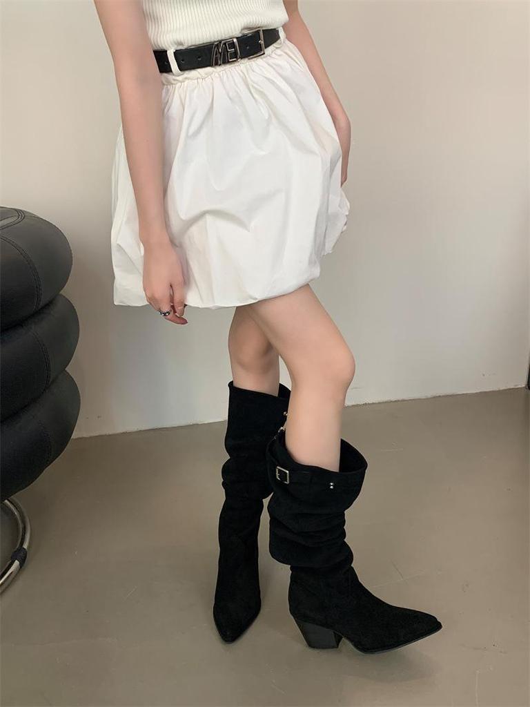 Stivali da Cavaliere Sottili con Tacco Alto Song Xixi 2025 Europei e Americani - Gambale Extra Largo, Tacco Chunky, Punta Sottile