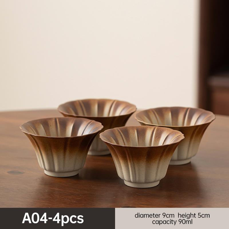 4 Piece Kung Fu Tea Cup Retro Earthenware Rough Pottery Stoneware Master Tea Set Cooking Tea Cups Pottery Gift