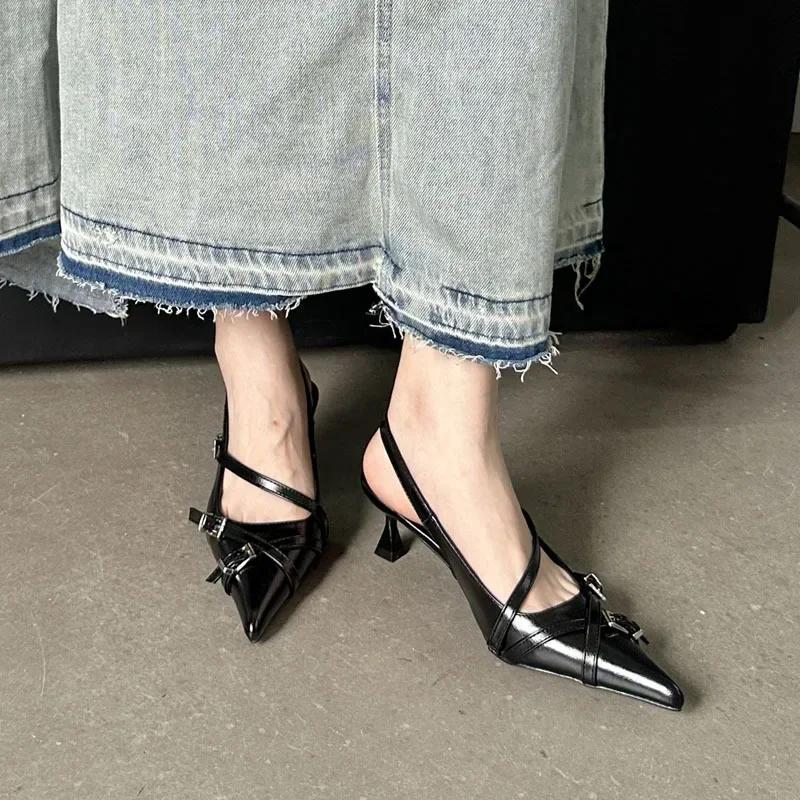 

Модные босоножки с пряжкой на поясе и низким каблуком, женские сексуальные с острым носком, тонкие, высокие каблуки, летние, элегантные, для вечеринок 39 чёрный