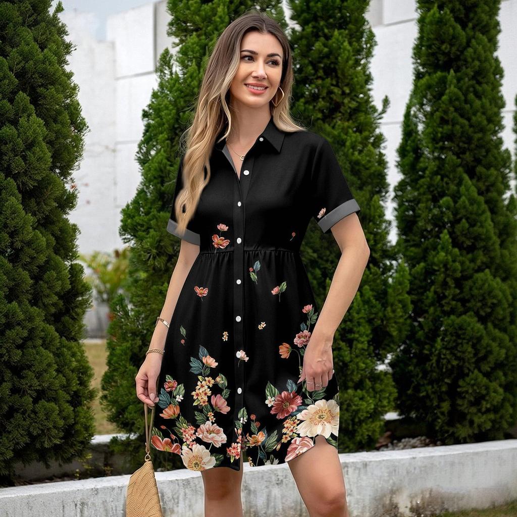Women’s Casual Loose Fit Shirt Dress with Button Front Stand Collar Short Sleeve Polka Dot and Stripe Print Design