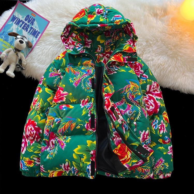 Chinese Style Hanfu Hooded Cotton Coat Loose Warm Jacket with Large Flowers