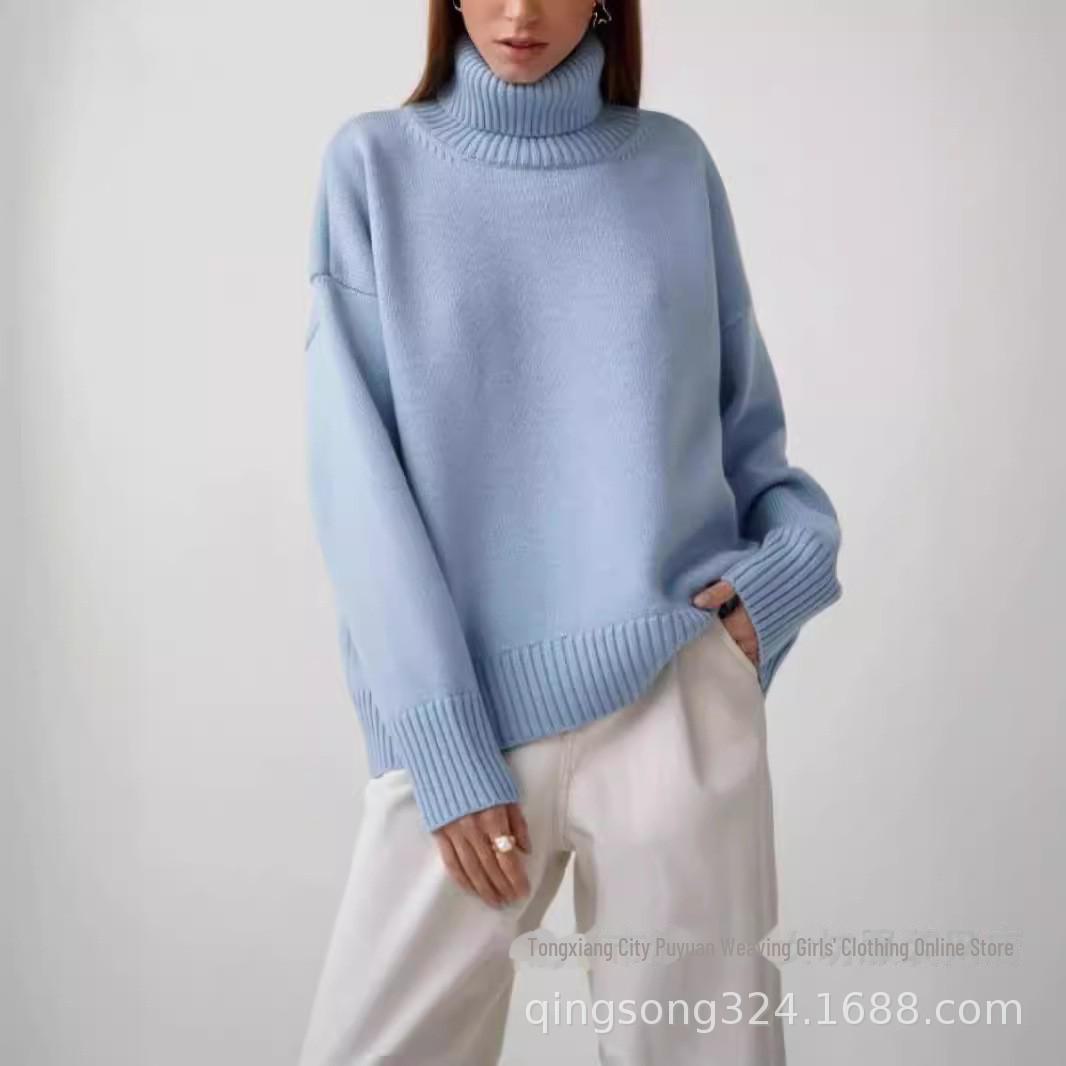 

2024 Европейский и Американский свободный свитер с высоким воротом: Классическая однотонная женская мода осень/зима One Size светло-синий