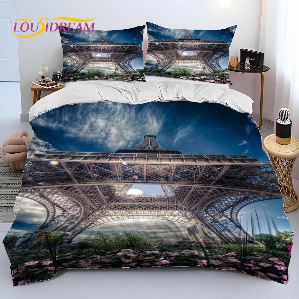 France Paris Eiffel Tower Comforter Bedding Set,Duvet Cover Bed Set Quilt Cover Pillowcase,King Queen Size Bedding Set Kid Adult