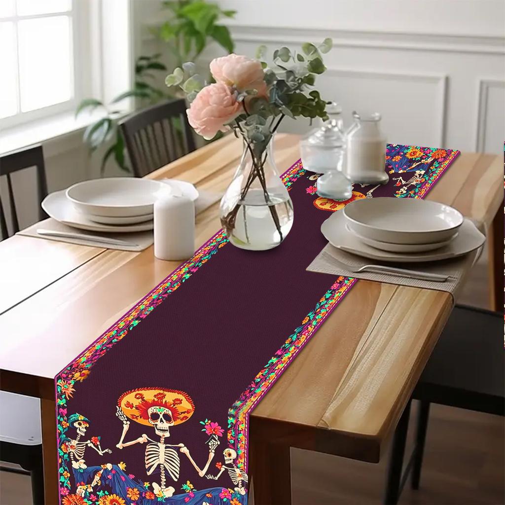 Mexican Colorful Skulls Flower Day of The Dead Linen Table Runner Home Decor Día De Los Muertos Table Runners Fiesta Party Decor