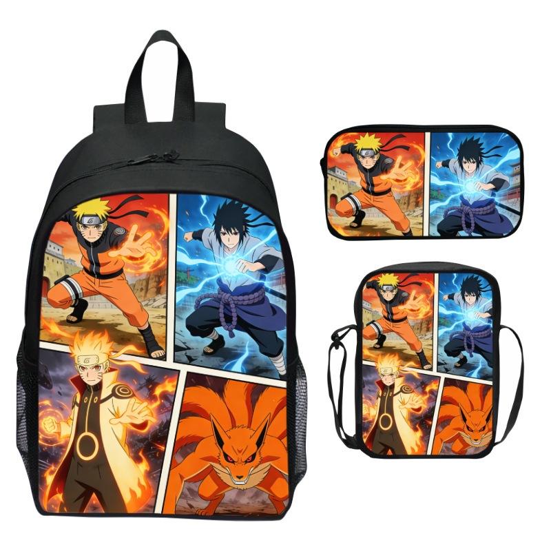 Set Zaino Anime Naruto 3 Pezzi Zaino Scuola Elementare Cartone Animato Stampato Leggero Multitasche