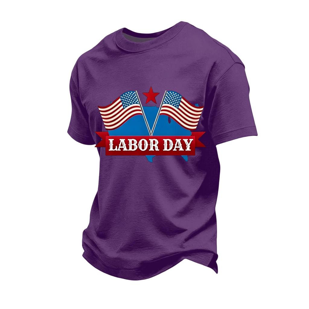 Men's Loose Fit Short Sleeve Casual T-Shirt Labor Day Printed Crew Neck Cotton Blend Top for Everyday Wear