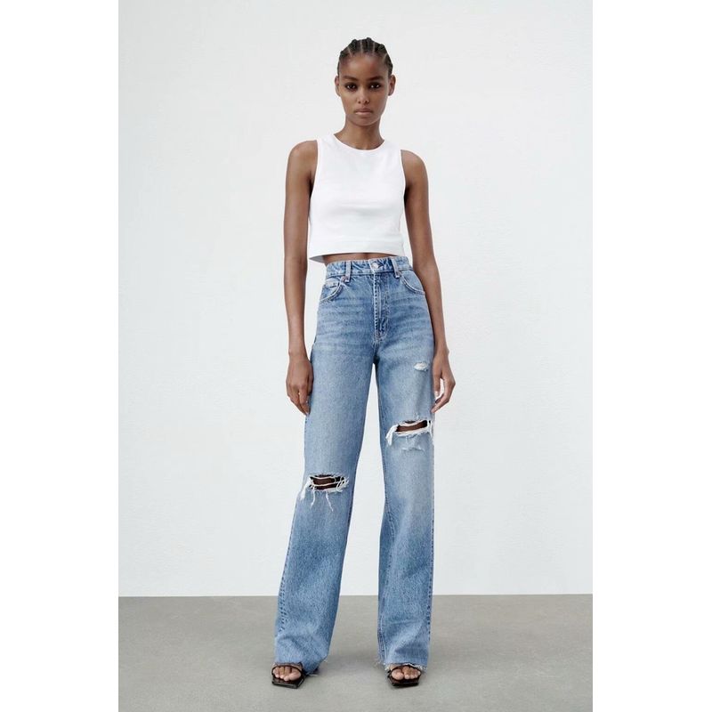 Za2025 Same Style European and American Women's Clothing Fall New Arrival Street Style Perforated Hole Decoration Wide Leg Long Denim