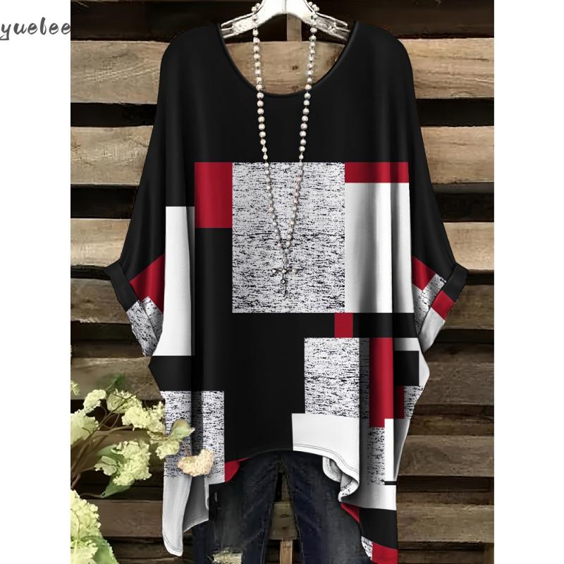 2025 Camiseta Elegante Bohemia para Mujer Estampado Floral de Mariposas Dobladillo Asimétrico Cuello Redondo Versátil y Lavable a Máquina Verano