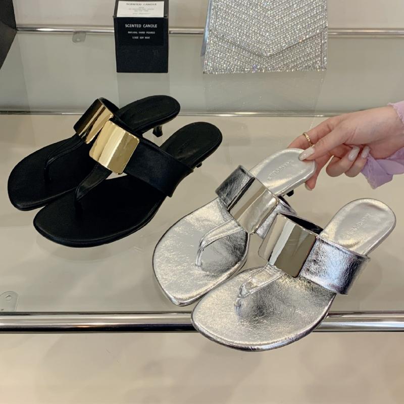 Fashion Summer Sexy Thin High Heel Clip Toe Slipper Women Fashion Metal Decoration Design Slide Sandal Concise Non-Slip Beach Flip Flops