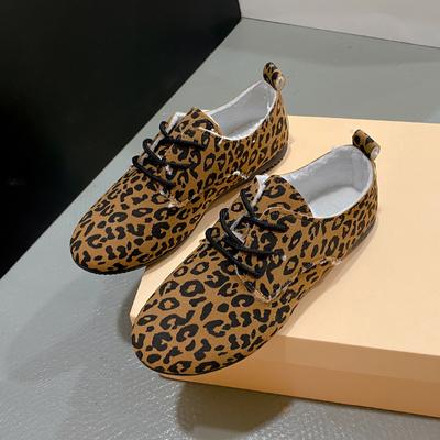 Mode Herfst Nieuwe Lage Schoenen Damesmode Ronde Neus Luipaardprint Vetersluiting Vooraan Zachte Zool Antislip Lage Schoenen