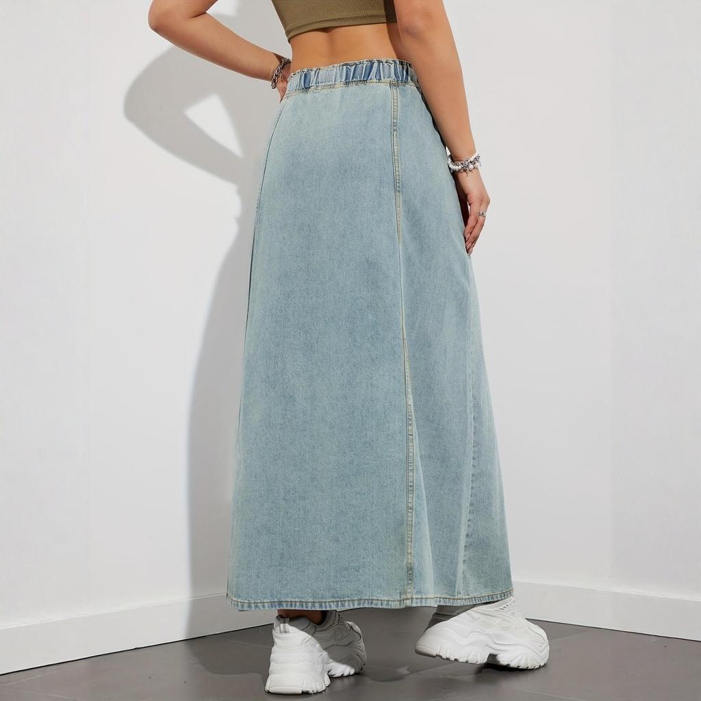 Women's Casual Elastic High Waist Loose A-Line Long Flared Denim Skirt