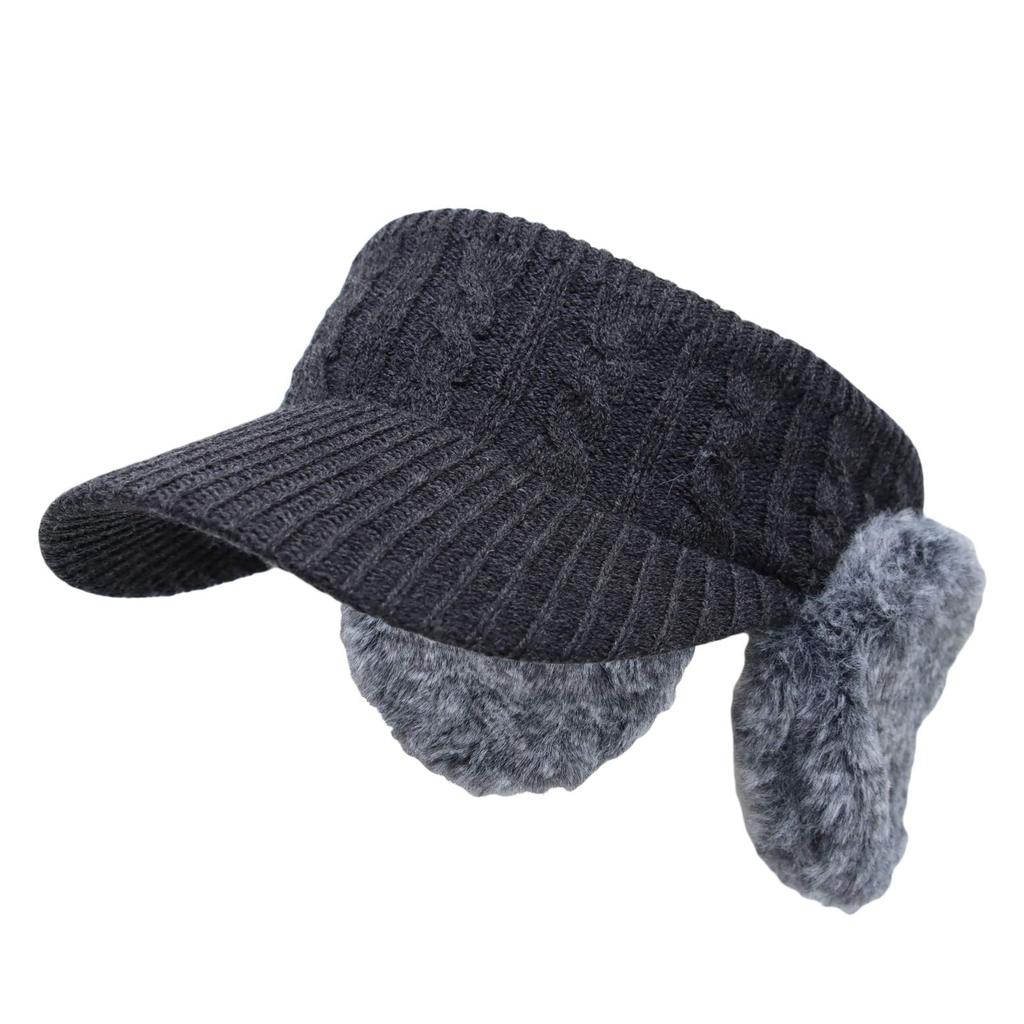 Winter Knitted Sun Visor with Fluffy Ear Cold Protection JDV1300 [With Moons] Hat, Flaps, Women's (Charcoal)