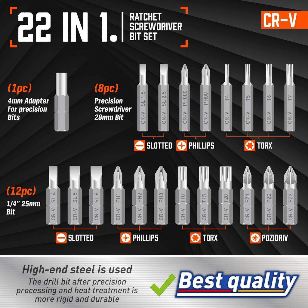 1 Set mit 22-in-1-Ratschenschraubendreher-Set, Präzisions-Multipositions-Ratschenschraubendreher, Schlitz